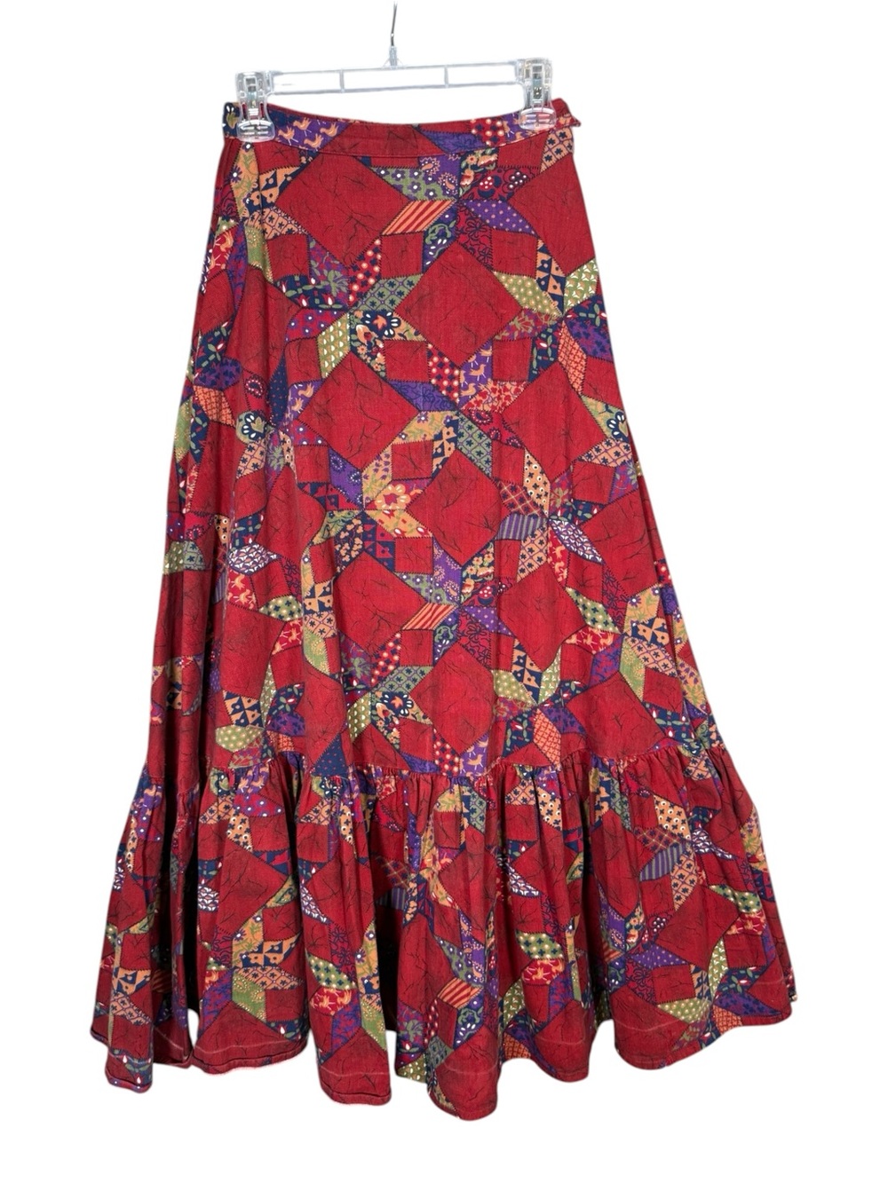 Vintage Handmade Red Patchwork Print Maxi Skirt Ruffle Hem Tiered Cottagecore